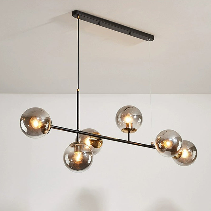 Contemporary Scandinavian Linear Round Orb Iron Glass 6-Light Chandelier Dining Room