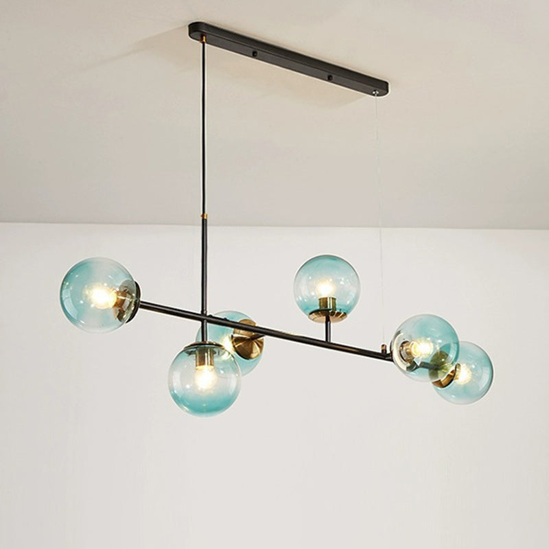 Contemporary Scandinavian Linear Round Orb Iron Glass 6-Light Chandelier Dining Room