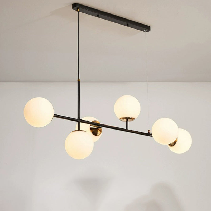 Contemporary Scandinavian Linear Round Orb Iron Glass 6-Light Chandelier Dining Room