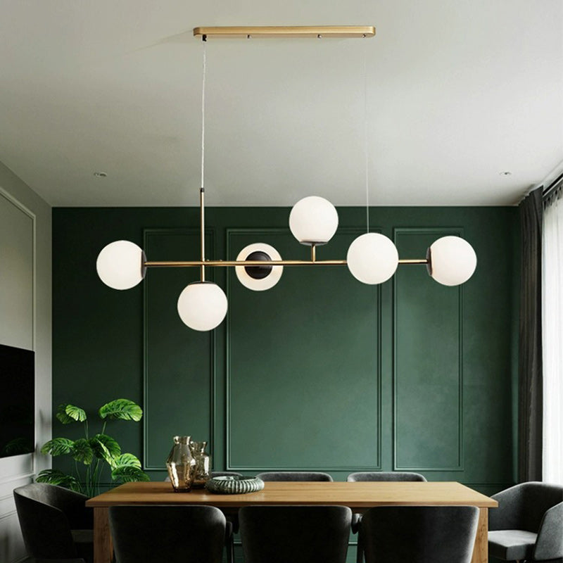 Contemporary Scandinavian Linear Round Orb Iron Glass 6-Light Chandelier Dining Room