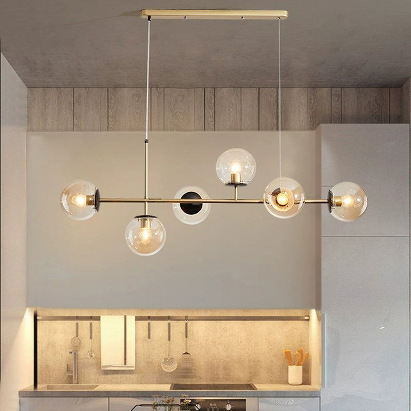 Contemporary Scandinavian Linear Round Orb Iron Glass 6-Light Chandelier Dining Room