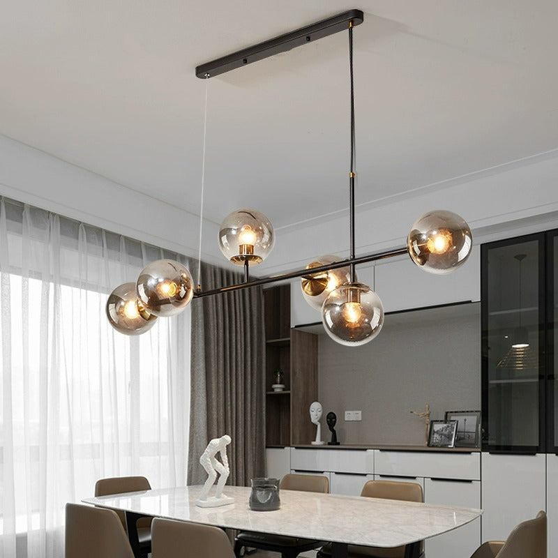 Contemporary Scandinavian Linear Round Orb Iron Glass 6-Light Chandelier Dining Room