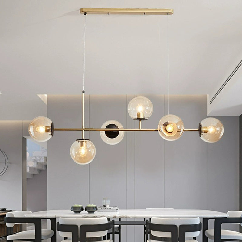 Contemporary Scandinavian Linear Round Orb Iron Glass 6-Light Chandelier Dining Room