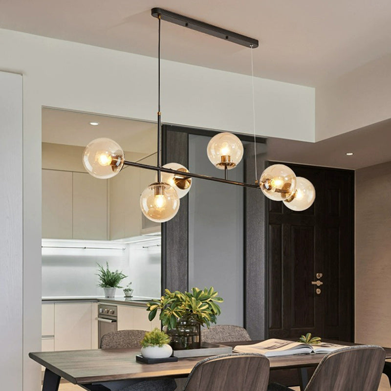 Contemporary Scandinavian Linear Round Orb Iron Glass 6-Light Chandelier Dining Room