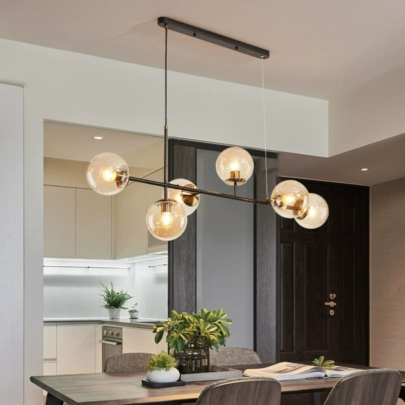 Contemporary Scandinavian Linear Round Orb Iron Glass 6-Light Chandelier Dining Room