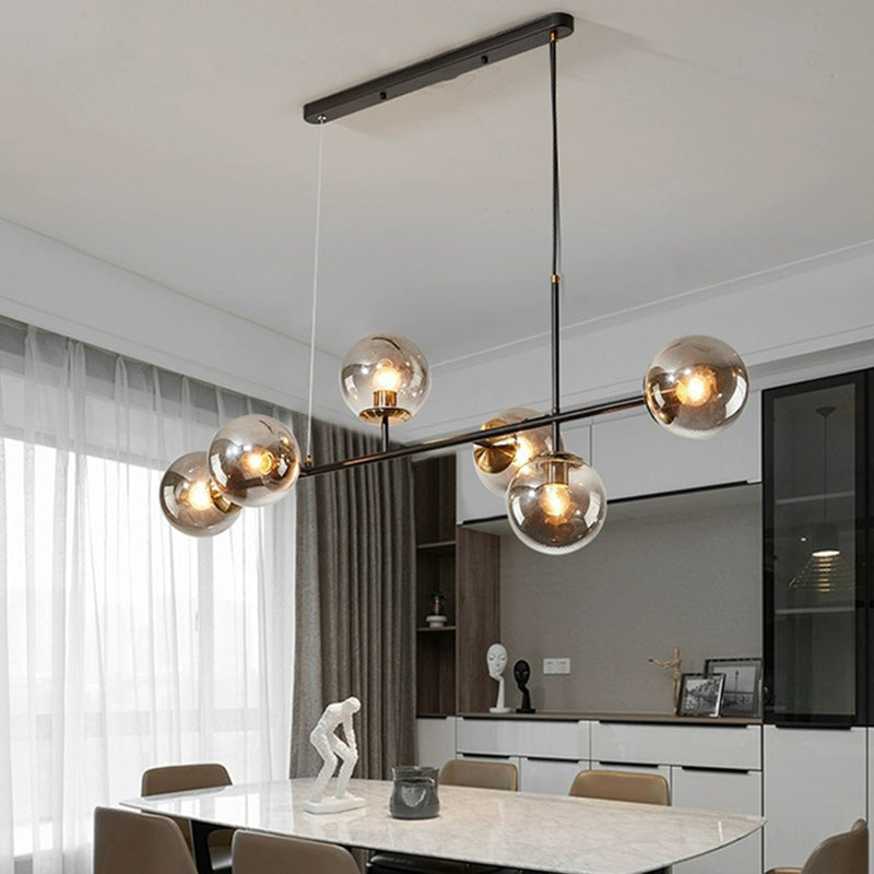 Contemporary Scandinavian Linear Round Orb Iron Glass 6-Light Chandelier Dining Room