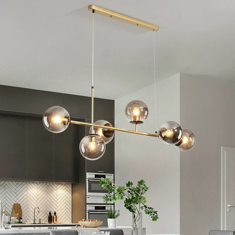 Contemporary Scandinavian Linear Round Orb Iron Glass 6-Light Chandelier Dining Room