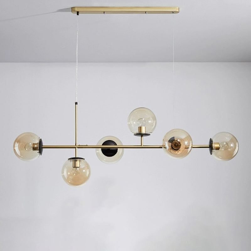 Contemporary Scandinavian Linear Round Orb Iron Glass 6-Light Chandelier Dining Room