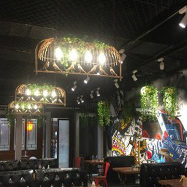 Contemporary Industrial Birdcage Chandelier - Rectangle Linear Design for Dining Room, Iron 1/4 Light Fixture