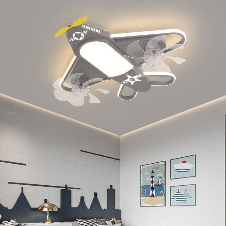 Contemporary Creative Airplane Iron Acrylic LED Flush Mount Ceiling Fan Light for Bedroom, Modern Ceiling Fan with Light, Stylish Bedroom Lighting, Unique Airplane Design, Energy-Efficient LED Ceiling Fixture, Decorative Flush Mount Fan Light, Ideal for K