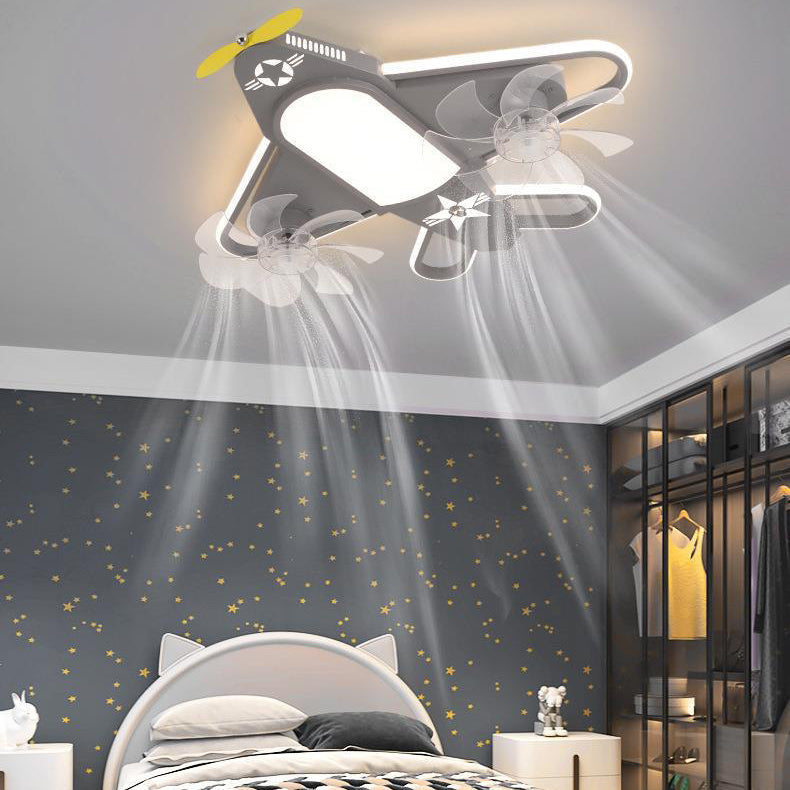 Contemporary Creative Airplane Iron Acrylic LED Flush Mount Ceiling Fan Light for Bedroom, Modern Ceiling Fan with Light, Stylish Bedroom Lighting, Unique Airplane Design, Energy-Efficient LED Ceiling Fixture, Decorative Flush Mount Fan Light, Ideal for K