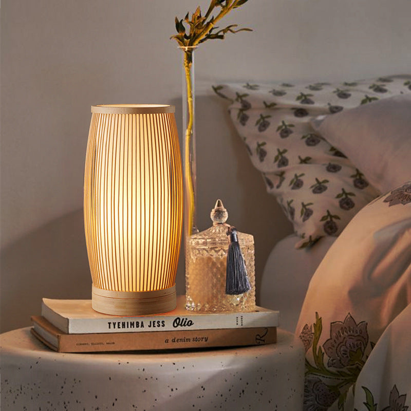 Traditional Japanese Bamboo Cylinder Table Lamp for Bedroom Lighting