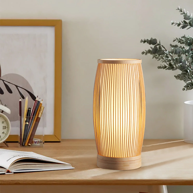 Traditional Japanese Bamboo Cylinder Table Lamp for Bedroom Lighting