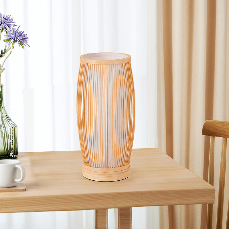 Traditional Japanese Cylinder Bamboo Wood 1-Light Table Lamp for Bedroom, Asian Home Decor Light, Natural Bamboo Lighting, Minimalist Bedroom Lamp, Handcrafted Japanese Style Lamp, Eco-Friendly Table Light, Unique Cylinder Design, Accent Lighting for Home