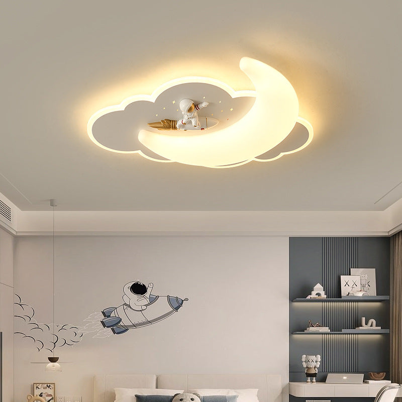 Contemporary Creative Kids Moon Iron Acrylic LED Flush Mount Ceiling Light for Bedroom, Childrens Room Lighting, Star Design, Modern Nursery Decor, Adjustable Brightness, Energy Efficient, Unique Night Sky Fixture, Playful Bedroom Illumination