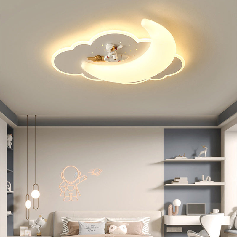 Contemporary Creative Kids Moon Iron Acrylic LED Flush Mount Ceiling Light for Bedroom, Childrens Room Lighting, Star Design, Modern Nursery Decor, Adjustable Brightness, Energy Efficient, Unique Night Sky Fixture, Playful Bedroom Illumination