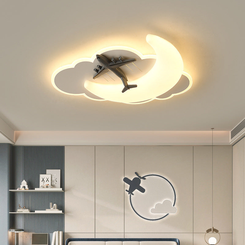 Contemporary Creative Kids Moon Iron Acrylic LED Flush Mount Ceiling Light for Bedroom, Childrens Room Lighting, Star Design, Modern Nursery Decor, Adjustable Brightness, Energy Efficient, Unique Night Sky Fixture, Playful Bedroom Illumination