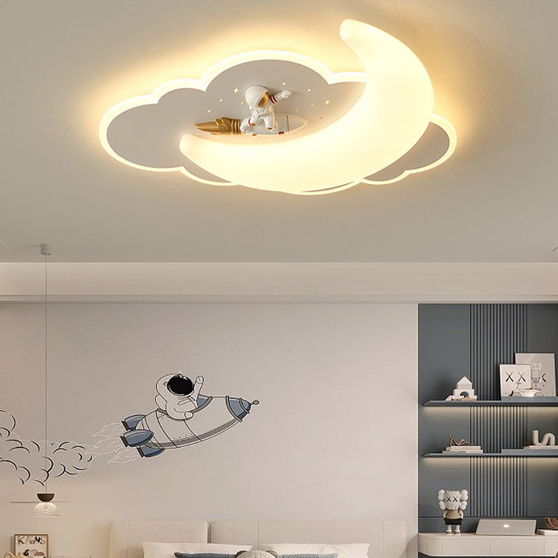 Contemporary Creative Kids Moon Iron Acrylic LED Flush Mount Ceiling Light for Bedroom, Childrens Room Lighting, Star Design, Modern Nursery Decor, Adjustable Brightness, Energy Efficient, Unique Night Sky Fixture, Playful Bedroom Illumination