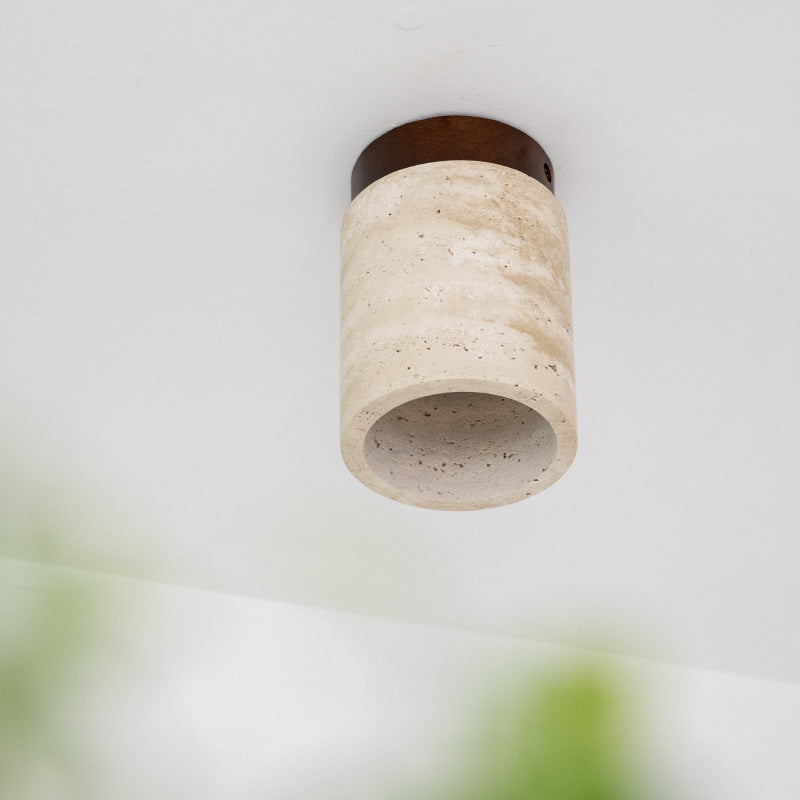 Traditional Japanese Cylinder Solid Wood Yellow Travertine Semi-Flush Mount Ceiling Light for Hallway