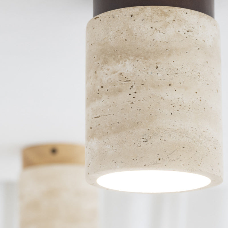 Traditional Japanese Cylinder Solid Wood Yellow Travertine Semi-Flush Mount Ceiling Light for Hallway