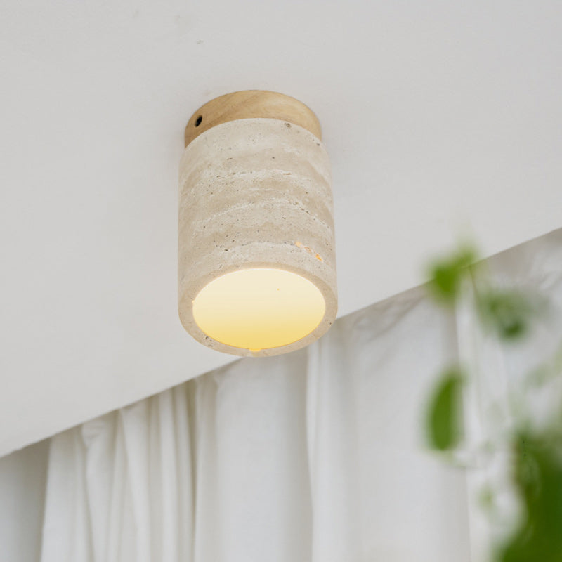 Traditional Japanese Cylinder Solid Wood Yellow Travertine Semi-Flush Mount Ceiling Light for Hallway