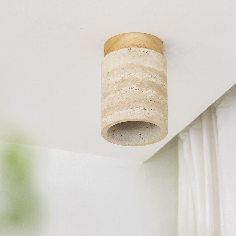 Traditional Japanese Cylinder Solid Wood Yellow Travertine Semi-Flush Mount Ceiling Light for Hallway