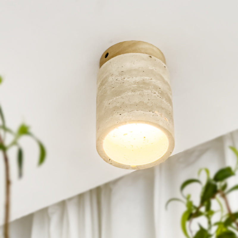 Traditional Japanese Cylinder Solid Wood Yellow Travertine Semi-Flush Mount Ceiling Light for Hallway