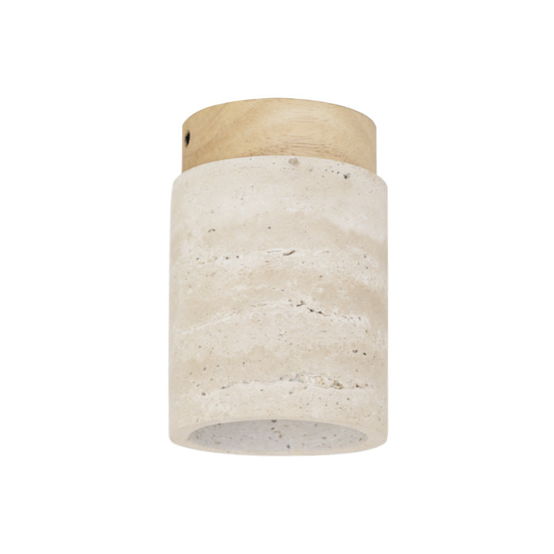 Traditional Japanese Cylinder Solid Wood Yellow Travertine Semi-Flush Mount Ceiling Light for Hallway