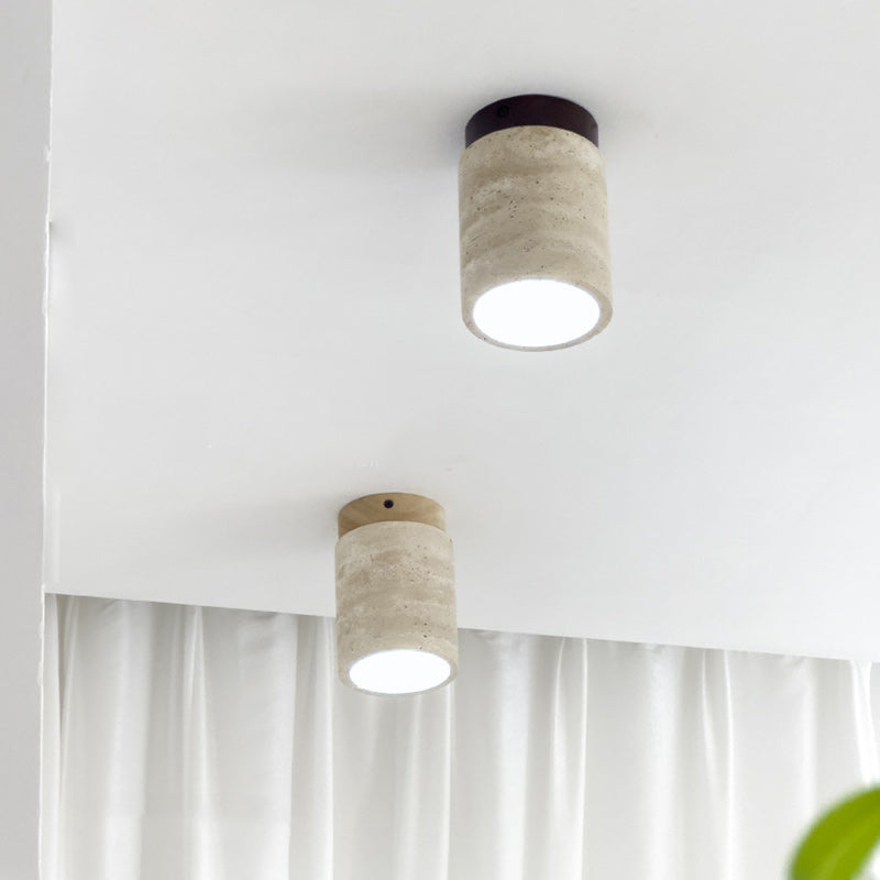 Traditional Japanese Cylinder Solid Wood Yellow Travertine Semi-Flush Mount Ceiling Light for Hallway