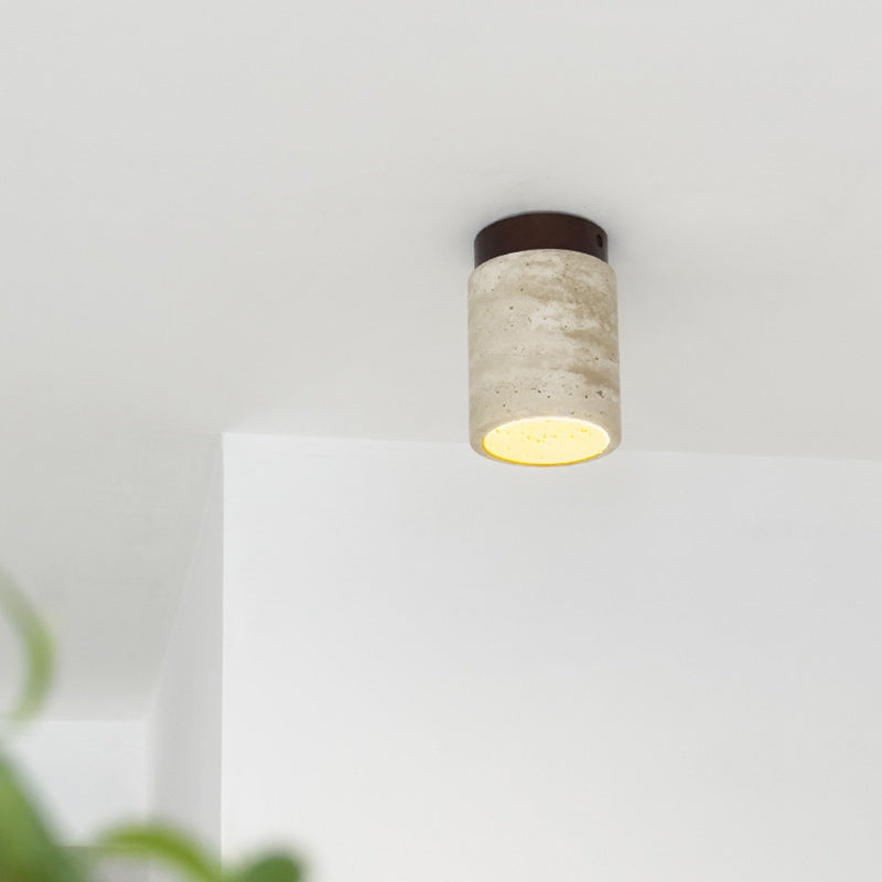 Traditional Japanese Cylinder Solid Wood Yellow Travertine Semi-Flush Mount Ceiling Light for Hallway