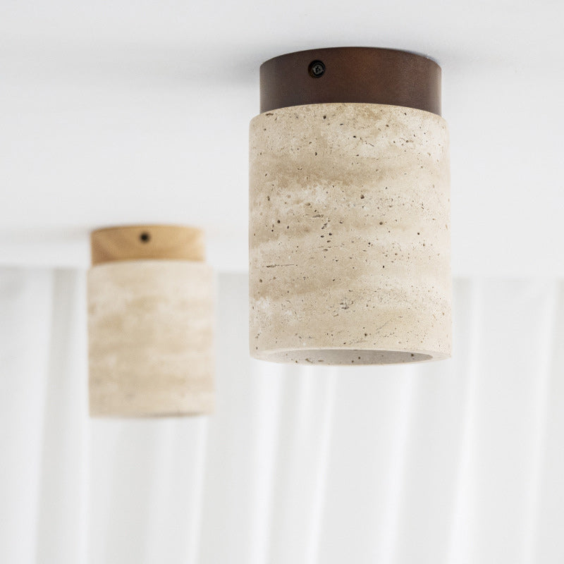 Traditional Japanese Cylinder Solid Wood Yellow Travertine Semi-Flush Mount Ceiling Light for Hallway