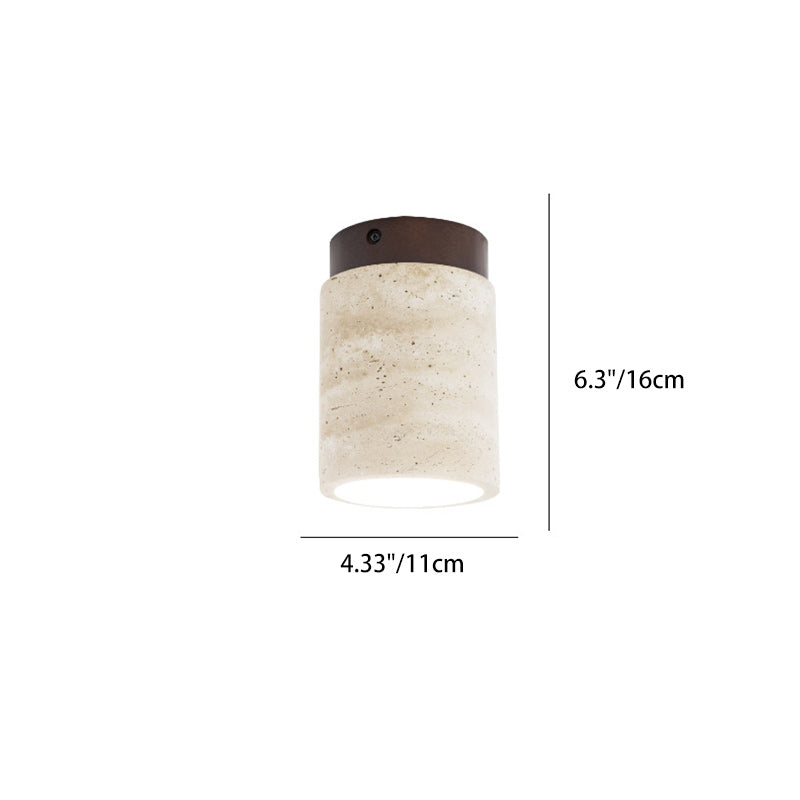 Traditional Japanese Cylinder Solid Wood Yellow Travertine Semi-Flush Mount Ceiling Light for Hallway