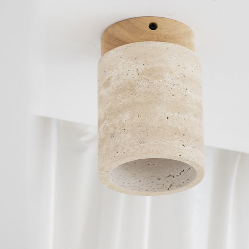 Traditional Japanese Cylinder Solid Wood Yellow Travertine Semi-Flush Mount Ceiling Light for Hallway