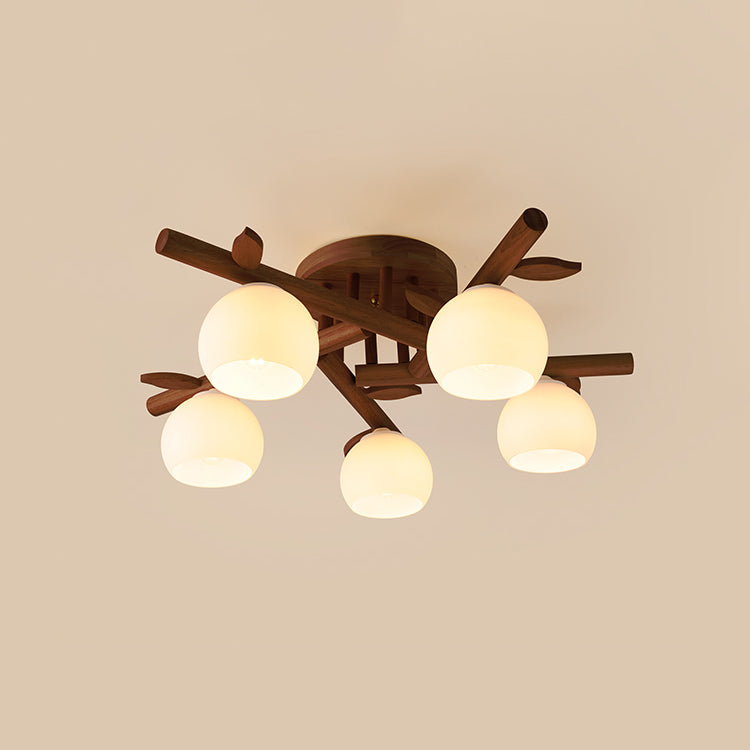 Traditional Japanese Dome Iron Oak Wood Semi-Flush Mount Ceiling Light - 3/5/8 Light Options for Living Room