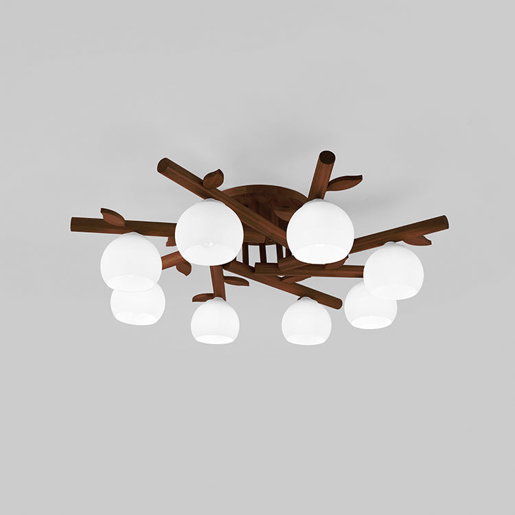 Traditional Japanese Dome Iron Oak Wood Semi-Flush Mount Ceiling Light - 3/5/8 Light Options for Living Room