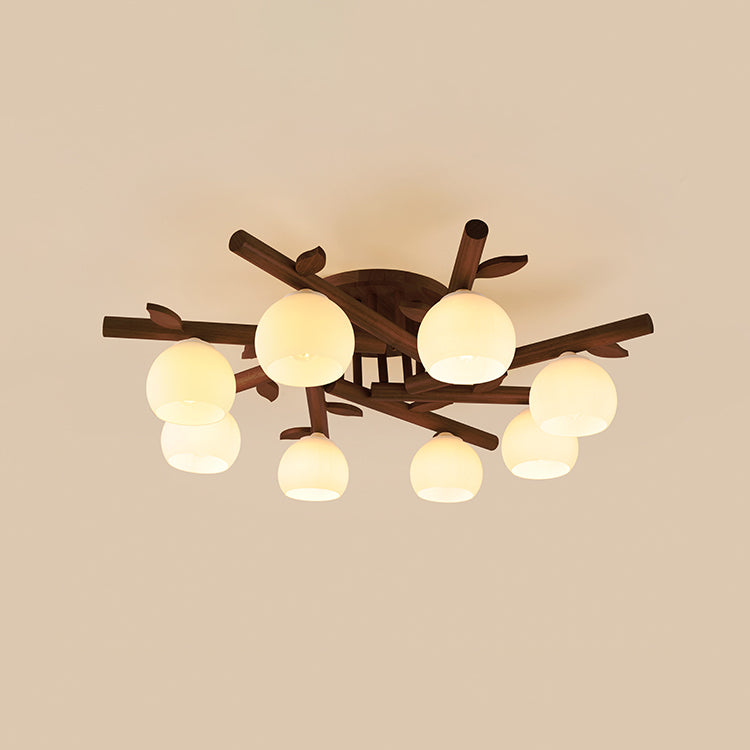 Traditional Japanese Dome Iron Oak Wood Semi-Flush Mount Ceiling Light - 3/5/8 Light Options for Living Room