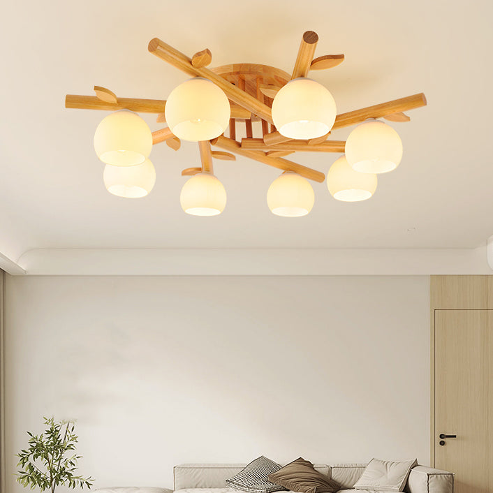 Traditional Japanese Dome Iron Oak Wood Semi-Flush Mount Ceiling Light - 3/5/8 Light Options for Living Room