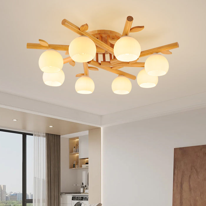 Traditional Japanese Dome Iron Oak Wood Semi-Flush Mount Ceiling Light - 3/5/8 Light Options for Living Room