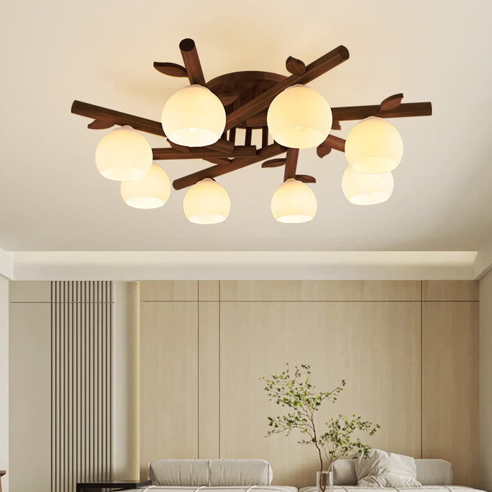 Traditional Japanese Dome Iron Oak Wood Semi-Flush Mount Ceiling Light - 3/5/8 Light Options for Living Room