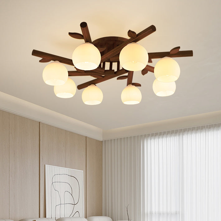 Traditional Japanese Dome Iron Oak Wood Semi-Flush Mount Ceiling Light - 3/5/8 Light Options for Living Room