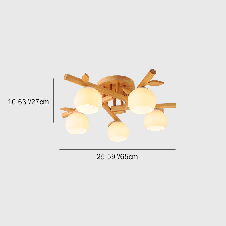 Traditional Japanese Dome Iron Oak Wood Semi-Flush Mount Ceiling Light - 3/5/8 Light Options for Living Room