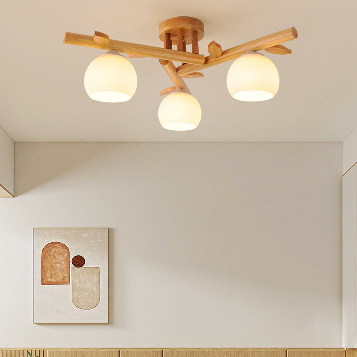 Traditional Japanese Dome Iron Oak Wood Semi-Flush Mount Ceiling Light - 3/5/8 Light Options for Living Room