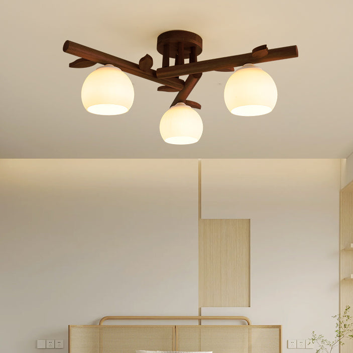 Traditional Japanese Dome Iron Oak Wood Semi-Flush Mount Ceiling Light - 3/5/8 Light Options for Living Room