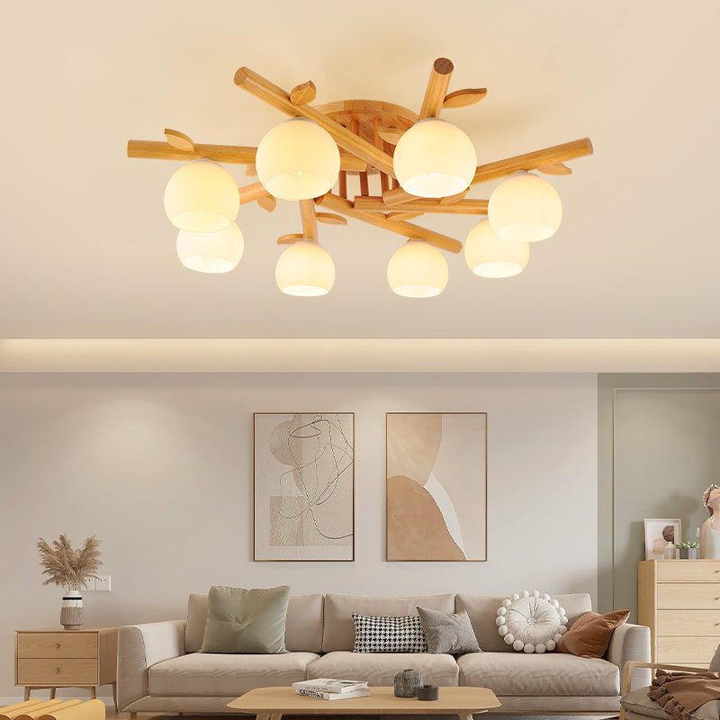 Traditional Japanese Dome Iron Oak Wood Semi-Flush Mount Ceiling Light - 3/5/8 Light Options for Living Room