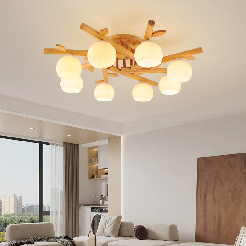 Traditional Japanese Dome Iron Oak Wood Semi-Flush Mount Ceiling Light - 3/5/8 Light Options for Living Room