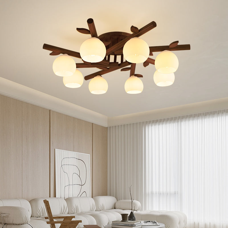 Traditional Japanese Dome Iron Oak Wood Semi-Flush Mount Ceiling Light - 3/5/8 Light Options for Living Room