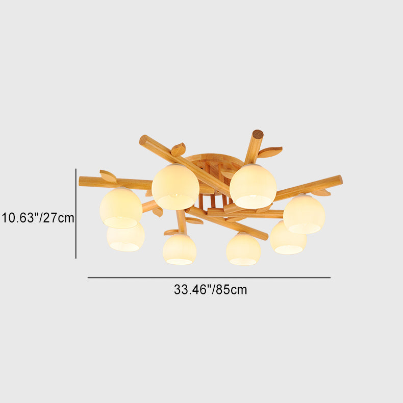 Traditional Japanese Dome Iron Oak Wood Semi-Flush Mount Ceiling Light - 3/5/8 Light Options for Living Room