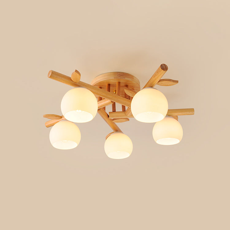 Traditional Japanese Dome Iron Oak Wood Semi-Flush Mount Ceiling Light - 3/5/8 Light Options for Living Room
