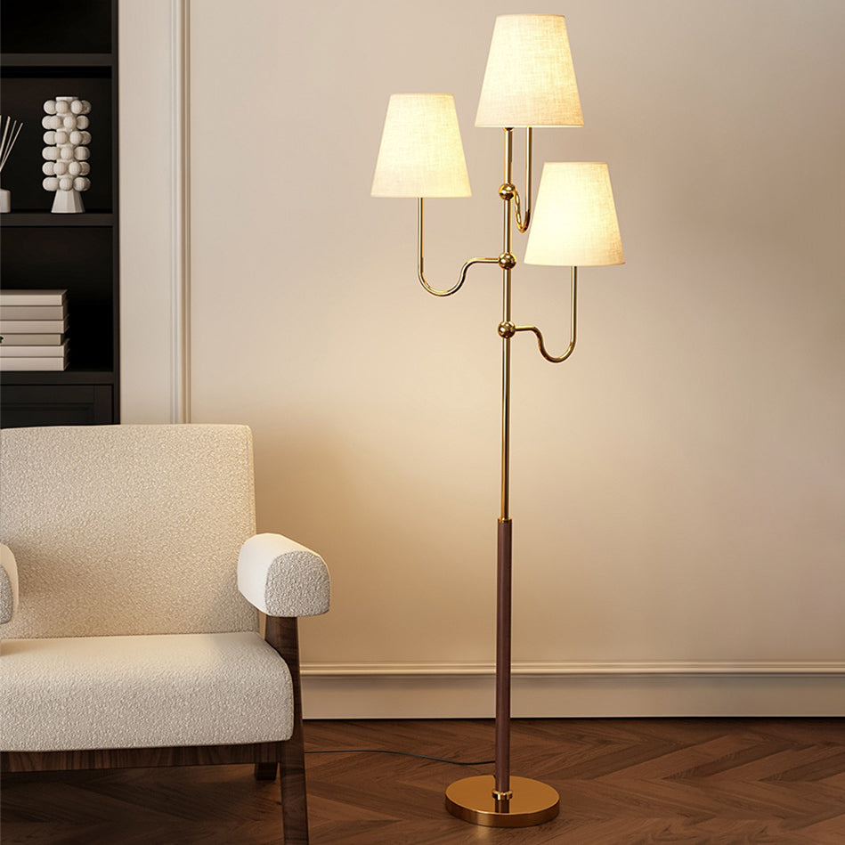 Traditional French Cone Iron Fabric Wood Floor Lamp - 3-Light Design for Bedroom