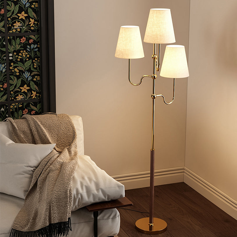 Traditional French Cone Iron Fabric Wood Floor Lamp - 3-Light Design for Bedroom